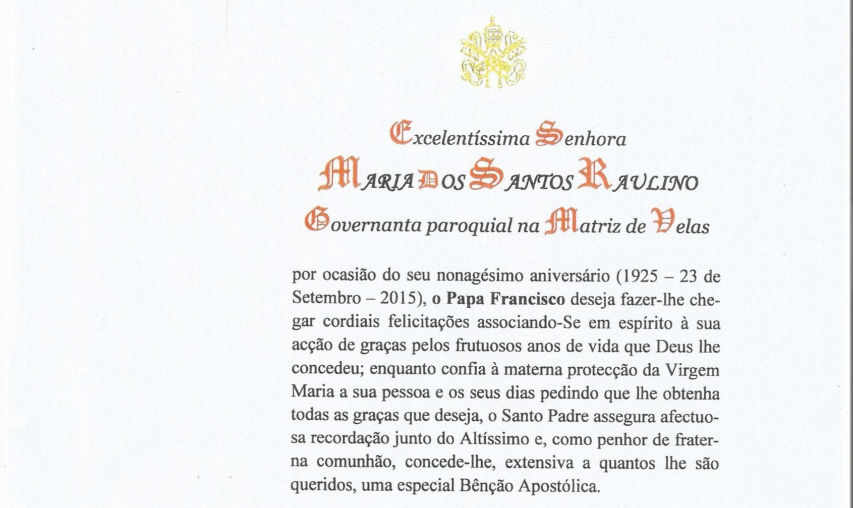 Maria Raulino, Governanta Paroquial, é homenageada com carta do Papa Francisco nos seus 90 anos (c/áudio)